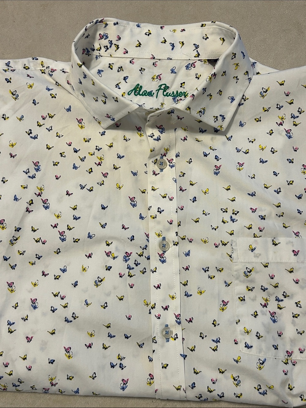 Alan Flusser XL Mens Shirt Butterfly Print Summer Cotton Short Sleeve Button Up